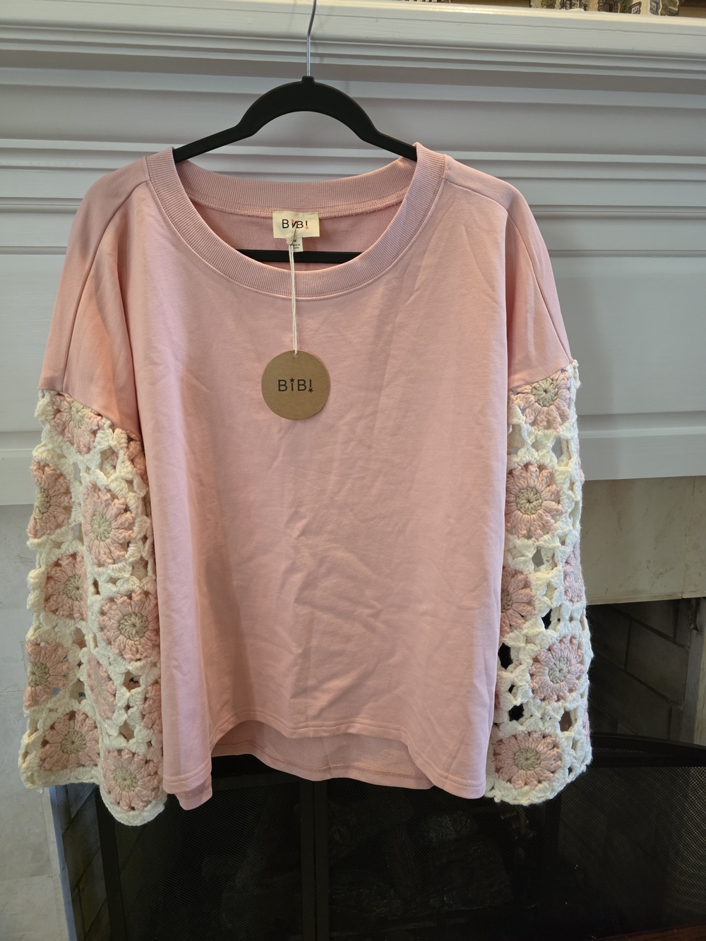 BiBi Pink Top with Cream Crochet Floral Sleeves